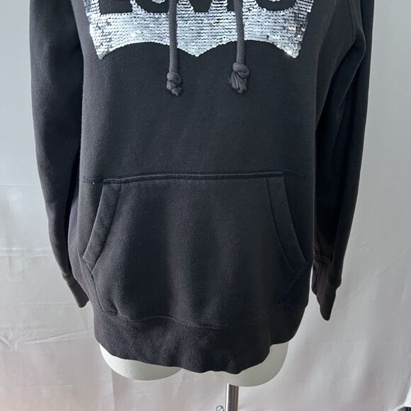 Levis Hoodie Womens Small Black Sequins Spell Out Pullover Sweatshirt - Picture 4 of 7